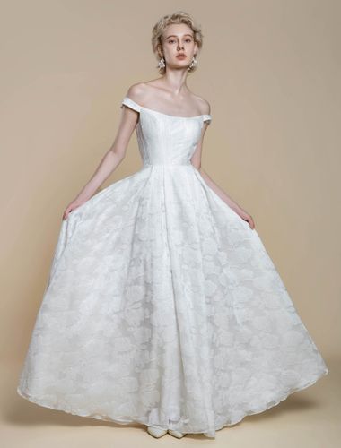 Robe de mariée simple en polyester à col bateau et fleurs en forme de A - milanoo.com - Modalova