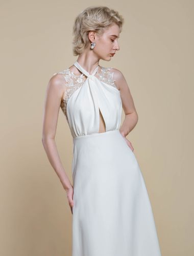 Robe de mariée bohème en polyester avec appliques et traîne taille naturelle dos nu sans manches décolleté conçu - milanoo.com - Modalova