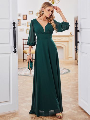 Robes De Soirée Robe Semi-Formelle Plissée À Manches Longues Col En V Vert Foncé - milanoo.com - Modalova