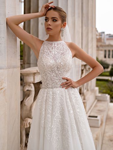 Robe de mariée balayage A-ligne sans manches en tulle bijou cou robes de mariée - milanoo.com - Modalova