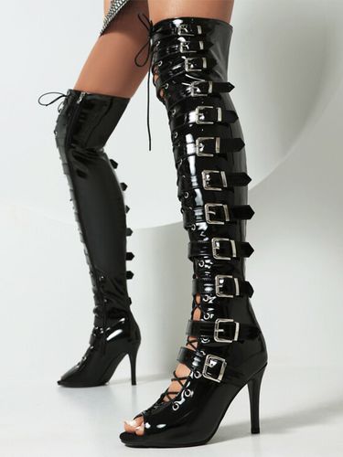 Cuissardes sexy avec boucle à bout ouvert et talons hauts à lacets au-dessus du genou - milanoo.com - Modalova