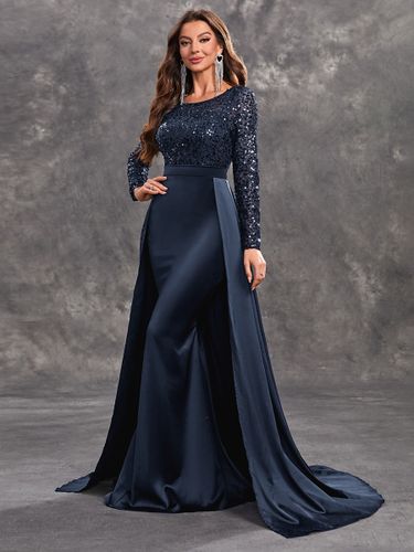 Robe de soirée en satin à paillettes robe de bal col en V avec traîne manches longues fermeture éclair tissu satiné robes de soirée formelles - milanoo.com - Modalova