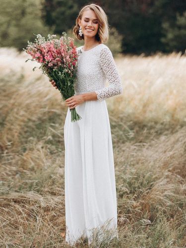 Combinaison de mariée col rond en dentelle dos décolleté Robes de mariée - milanoo.com - Modalova
