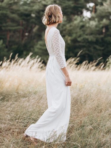 Combinaison de mariée col rond en dentelle dos décolleté Robes de mariée - milanoo.com - Modalova