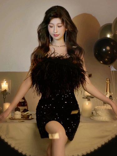 Robe de soirée robe de bal bustier courte sans manches fermeture éclair plumes polyester robes de dîner formelles - milanoo.com - Modalova