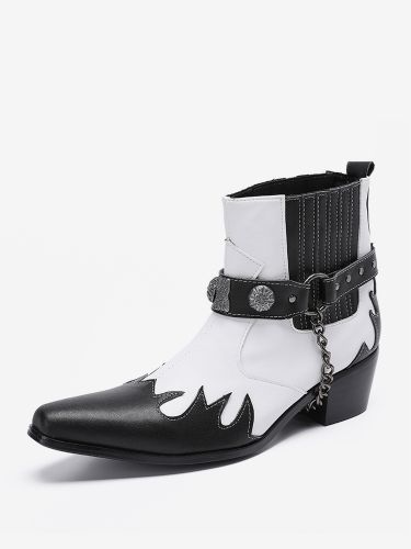 Bottes Chelseas en cuir de vachette à bout carré avec chaînes et cheville - milanoo.com - Modalova