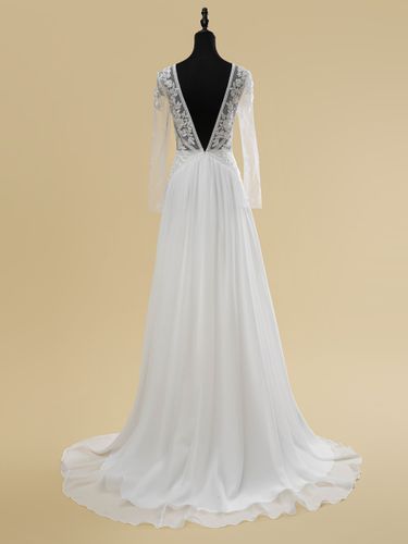 Robe de mariée bohème simple en dentelle col en V manches longues fermeture éclair dans le dos traîne courte - milanoo.com - Modalova