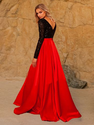 Robe de soirée A-Line Col en V Balayage Manches longues Robe de mariée Boutons fonctionnels Paillettes Tissu satiné Robes de soirée sociales - milanoo.com - Modalova