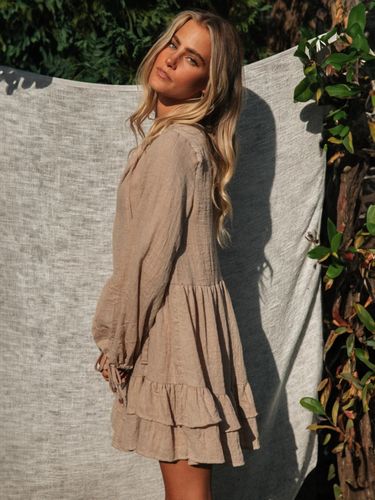 Robe courte bohème à manches lanternes - Mélange de coton col en V volants étagés coupe ample - Collection printemps-été décontractée 2026 - milanoo.com - Modalova