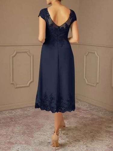 Robe de mère de la mariée en dentelle avec manches cape et ornements en dentelle robe de soirée de mariage longueur thé - milanoo.com - Modalova