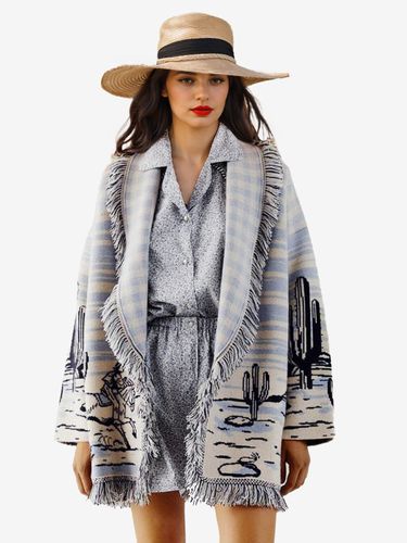 Pulls Cardigans Noire Imprimé Franges Manches Longues Col Rabattu Oversize - milanoo.com - Modalova