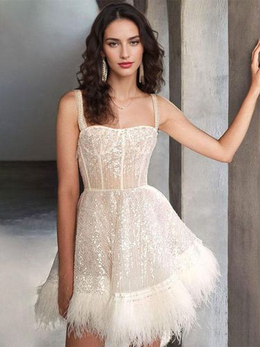 Robe de soirée écrue blanche à bretelles et col à paillettes sans manches mini-robe transparente - milanoo.com - Modalova
