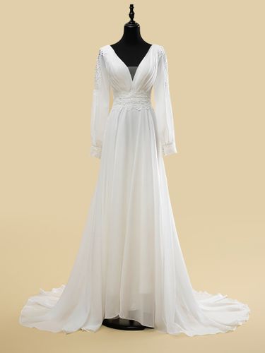 Robe de mariée simple A-Line col en V manches longues découpées 40 cm robes de mariée - milanoo.com - Modalova