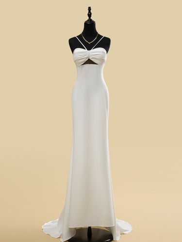 Robe de mariée à décolleté sans manches taille naturelle plissée avec traîne robe de mariée sirène - milanoo.com - Modalova