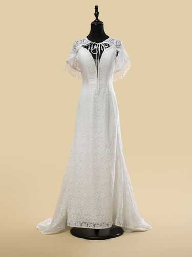 Robe de mariée bohème en dentelle à franges fourreau avec traîne taille naturelle fermeture éclair sans manches col en V - milanoo.com - Modalova