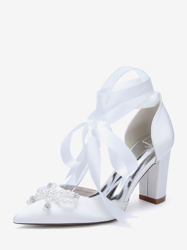 Chaussures de mariage blanches en satin à bout pointu et perles nœud et talon épais - milanoo.com - Modalova