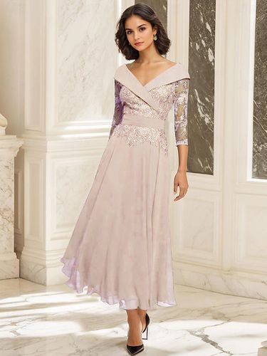 Robe de soirée pour mère de la mariée col en V manches 3/4 robe de bal dentelle longueur thé robes d'invitées pour mariage - milanoo.com - Modalova