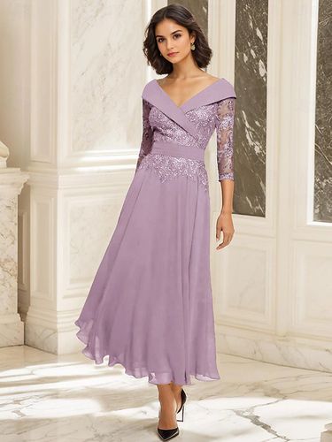 Robe de soirée pour mère de la mariée col en V manches 3/4 robe de bal dentelle longueur thé robes d'invitées pour mariage - milanoo.com - Modalova