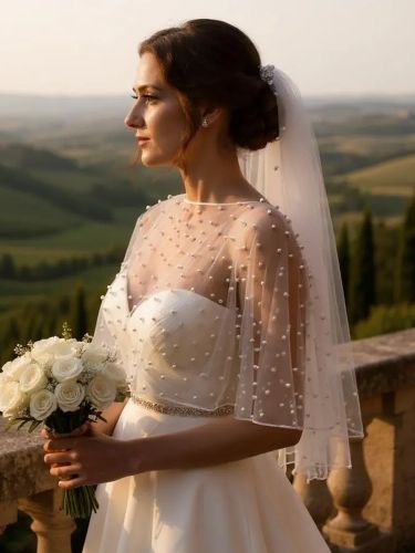 Boléro de mariée col rond manches courtes châles tulle et perles - milanoo.com - Modalova