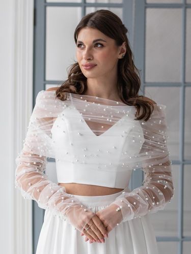 Châles de mariée à manches longues col bateau manches illusion tulle et perles - milanoo.com - Modalova
