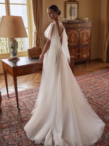 Robe de mariée en dentelle avec manches amovibles coupe trapèze col en V - milanoo.com - Modalova