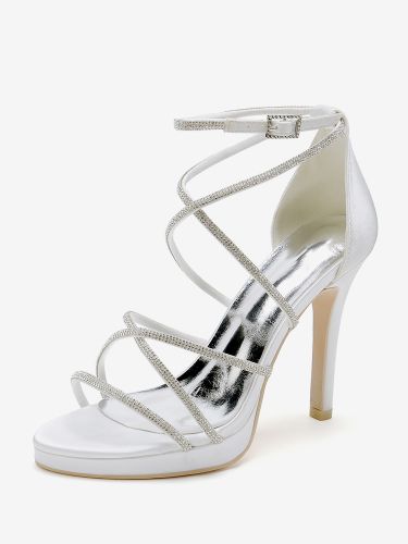 Chaussures de mariage blanches en satin à bout ouvert et à lanières avec strass - milanoo.com - Modalova