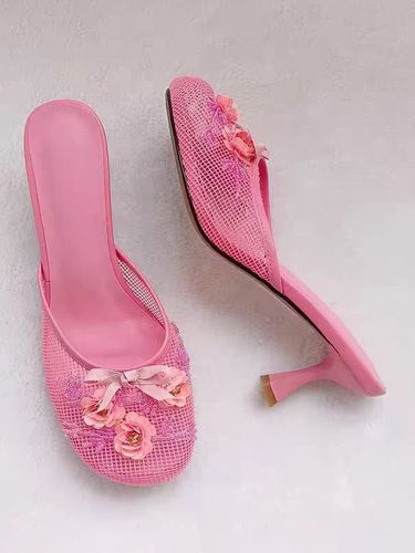 Mules roses à talons hauts bout rond en maille détails floraux escarpins sans bride - milanoo.com - Modalova
