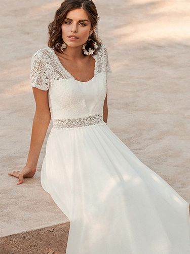 Robe de mariée simple robe de bal décolleté travaillé manches courtes robe de mariée en dentelle - milanoo.com - Modalova