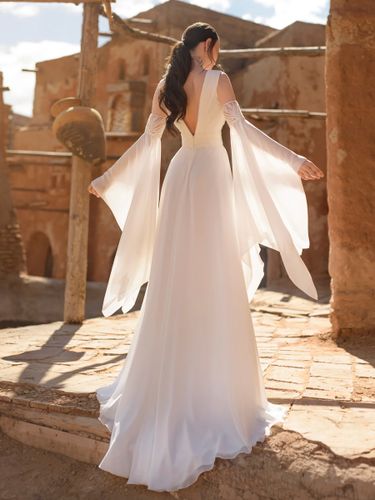 Robe de mariée bohème simple en mousseline col en V manches 3/4 dentelle coupe trapèze - milanoo.com - Modalova