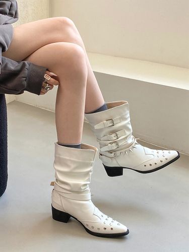 Bottines blanches à bout carré ornées de perles et d'une boucle - milanoo.com - Modalova