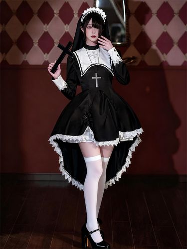 Robe de nonne Gothic Lolita à ourlet asymétrique avec accessoires de coiffe - milanoo.com - Modalova
