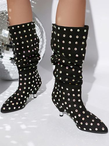 Bottes mi-mollet noires en daim à bout pointu et strass - milanoo.com - Modalova