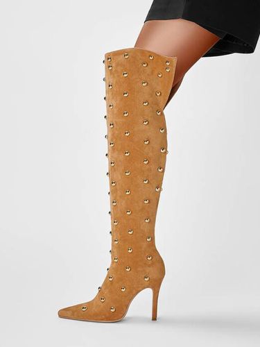 Bottes cuissardes en daim à bout pointu et talons hauts perlés - milanoo.com - Modalova