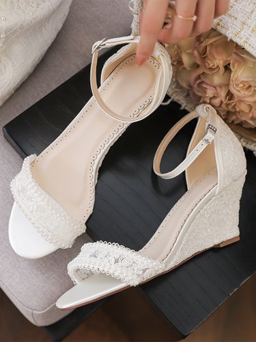 Chaussures de mariée en dentelle bout ouvert perles talon compensé bride cheville - milanoo.com - Modalova
