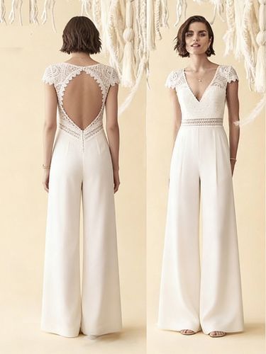 Combinaison de mariée en dentelle ajourée longueur au sol col en V manches courtes taille naturelle couleur ivoire - milanoo.com - Modalova