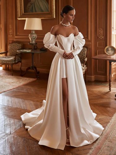 Robe de mariée deux pièces en satin décolleté travaillé coupe trapèze avec traîne fermeture éclair manches 3/4 longues - milanoo.com - Modalova