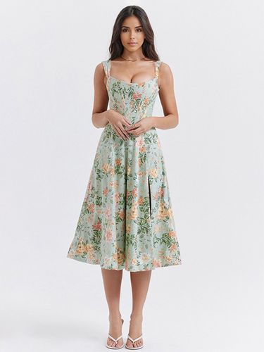 Robe Mi-Longue Fleurie Fendue À Bretelle Lacet Fermeture Éclair Chic Été - milanoo.com - Modalova