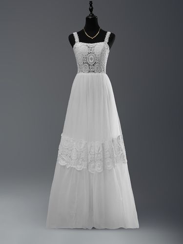 Robe de mariée bohème en dentelle découpée coupe trapèze longueur au sol taille naturelle fermeture éclair sans manches décolleté conçu ivoir - milanoo.com - Modalova