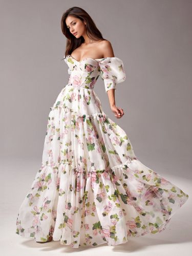 Robe De Soirée Rose Fleurie Longue Col Bateau Volants Manches Courtes Robe Semi-Formelle - milanoo.com - Modalova
