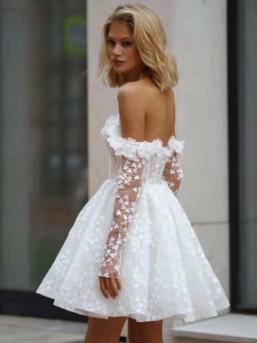 Robe de mariée courte col bateau manches 3/4 coupe trapèze - milanoo.com - Modalova
