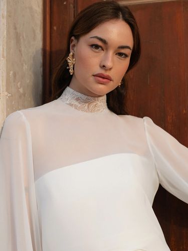 Châles de mariée blancs à manches longues et col bijou manches lanternes mousseline de soie et dentelle - milanoo.com - Modalova