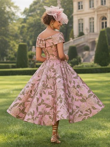 Robe de soirée pour la mère de la mariée décolleté travaillé manches courtes coupe trapèze longueur thé - milanoo.com - Modalova