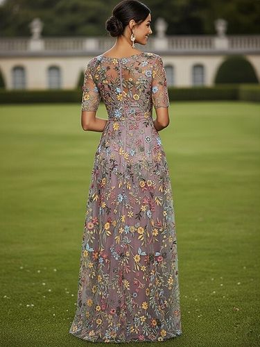 Robe de soirée pour la mère de la mariée col rond manches courtes coupe trapèze en dentelle idéale pour un mariage - milanoo.com - Modalova