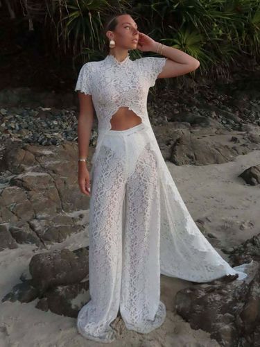 Ensembles deux pièces : pantalon robe maxi tenue de villégiature col rond manches illusion manches courtes - milanoo.com - Modalova