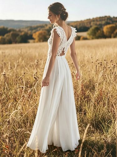 Robe de mariée deux pièces en dentelle à col en V longue jusqu'au sol sans manches fermeture éclair - milanoo.com - Modalova