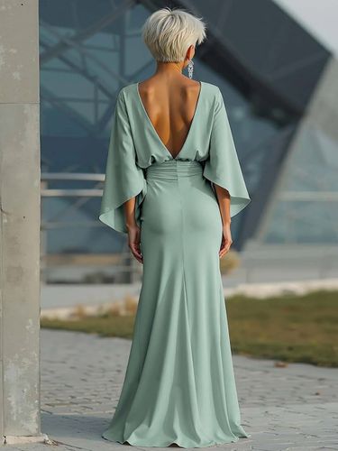 Robe de soirée pour la mère de la mariée col rond manches 3/4 robe de bal plissée avec traîne robe d'invitée pour un mariage - milanoo.com - Modalova