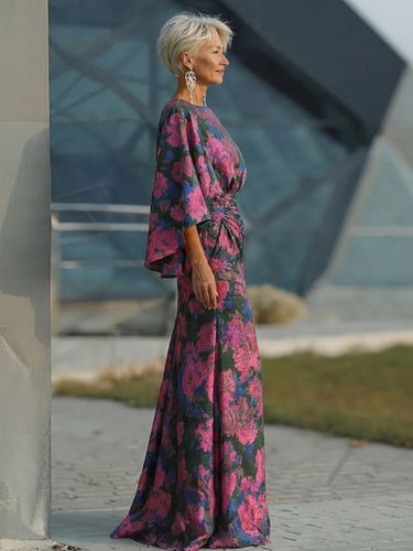 Robe de mère de la mariée col bijou manches 3/4 robe de bal fleurie avec traîne robe d'invitée pour un mariage - milanoo.com - Modalova