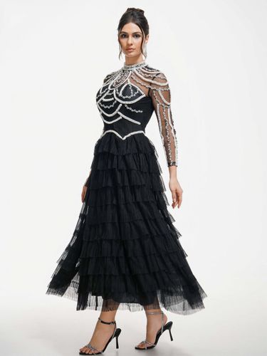Robe de soirée longue à col montant manches longues perlées et manches évasées superposées style chic semi-formel - milanoo.com - Modalova