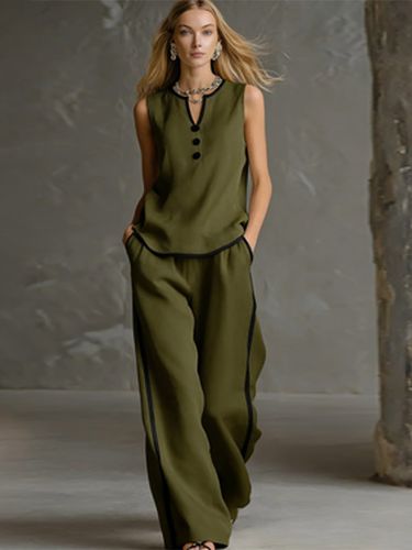 Ensemble deux pièces noir chic bicolore streetwear boutons polyester col rond sans manches - milanoo.com - Modalova