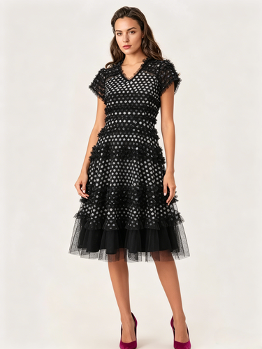 Robe de vacances midi plissée à manches courtes et col en V robe chic - milanoo.com - Modalova
